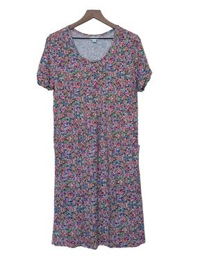 J Jill Medium Slub Knit Floral Dress Pockets Stretch Short Sleeve Coastal